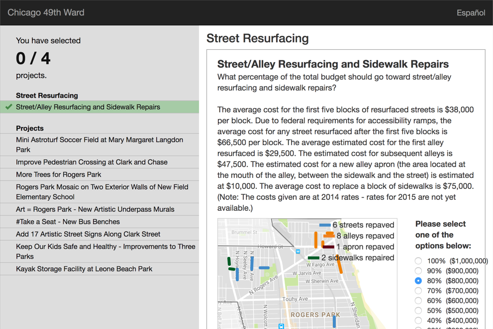 Screenshot of PB Chicago's 49th Ward's approval voting which shows a map visualization