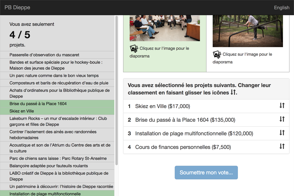 Screenshot of PB Dieppe, Canada's ranked voting