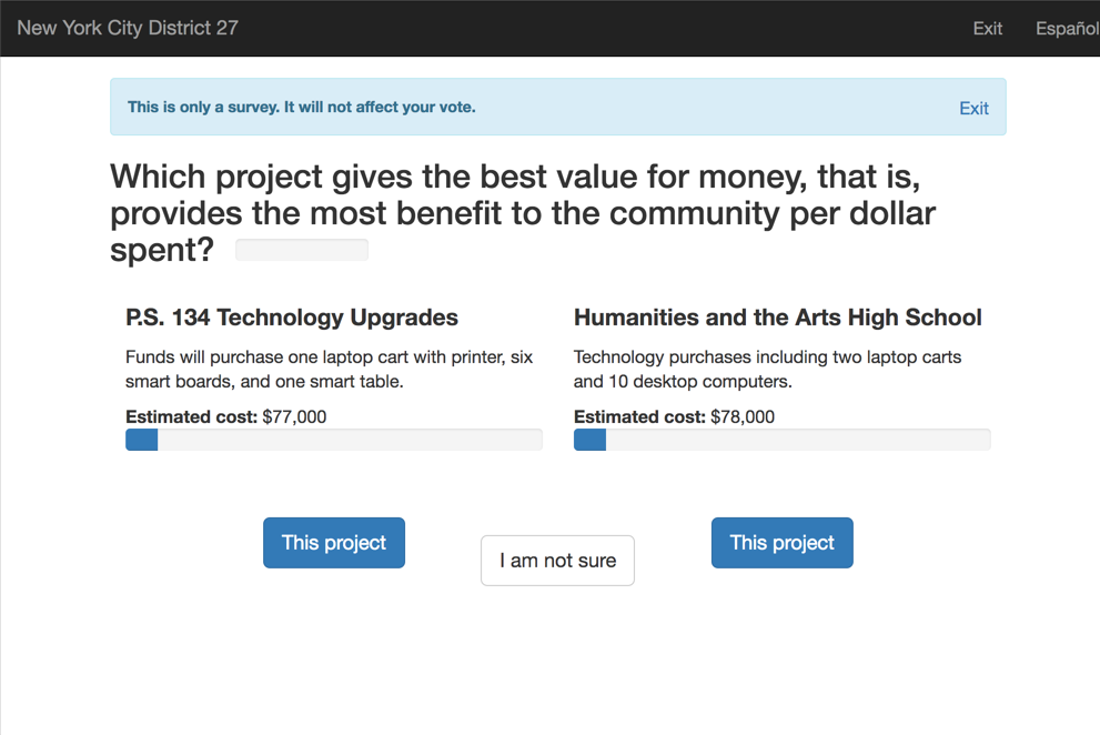 Screenshot of PB New York City's District 27's comparison voting